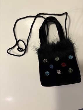 Black Velvet Mini Tote with Feather Trim and Multicolor Embroidery